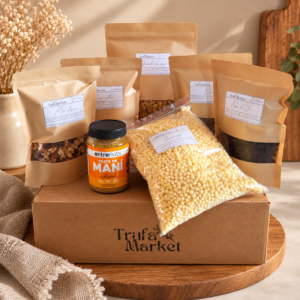 Combo Desayunos Trufa Market con granola, frutos secos, chía, quinoa pop, coco rallado, pasas y pasta de maní.